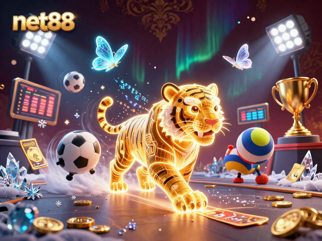 Experience the excitement of net88 in this vibrant digital casino scene with dynamic sports elements.