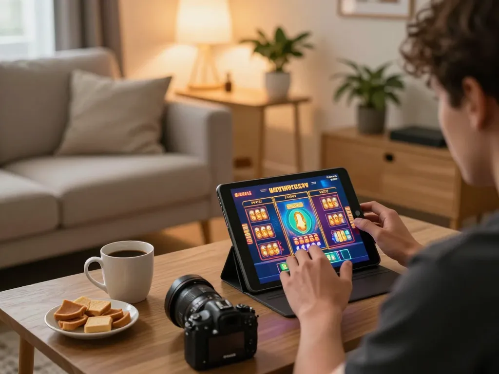 IDCASH88 slot game interface showcased on tablet during online gaming session with cozy atmosphere.