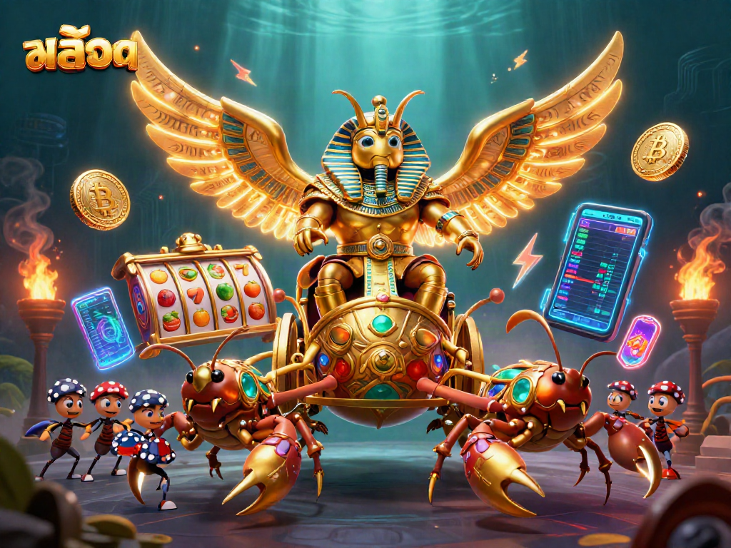 Engage in thrilling slot action with สล็อต, featuring a majestic scarab beetle and golden elements.