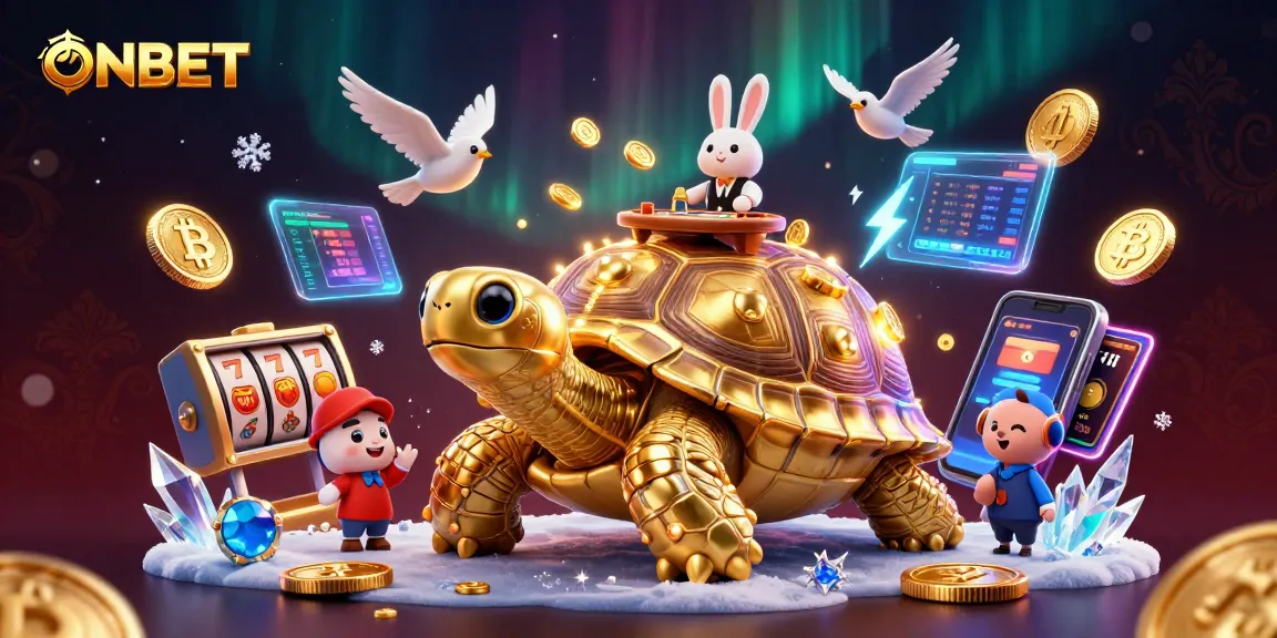 Experience thrilling gameplay at ONBET with golden tortoise casino and vibrant cryptocurrency elements.