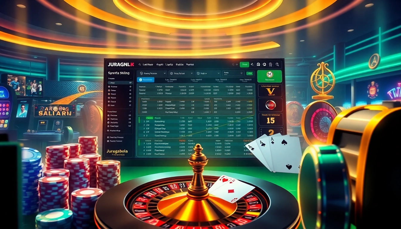 Juraganbola platform displaying strategic live betting odds and dynamic poker chips in high-tech casino setting