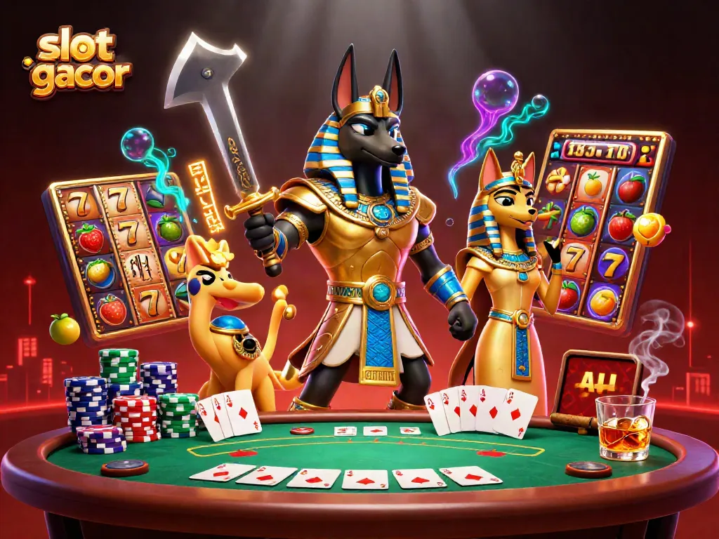 Experience slot online gacor with Anubis and Bastet in a vibrant, dynamic casino scene.