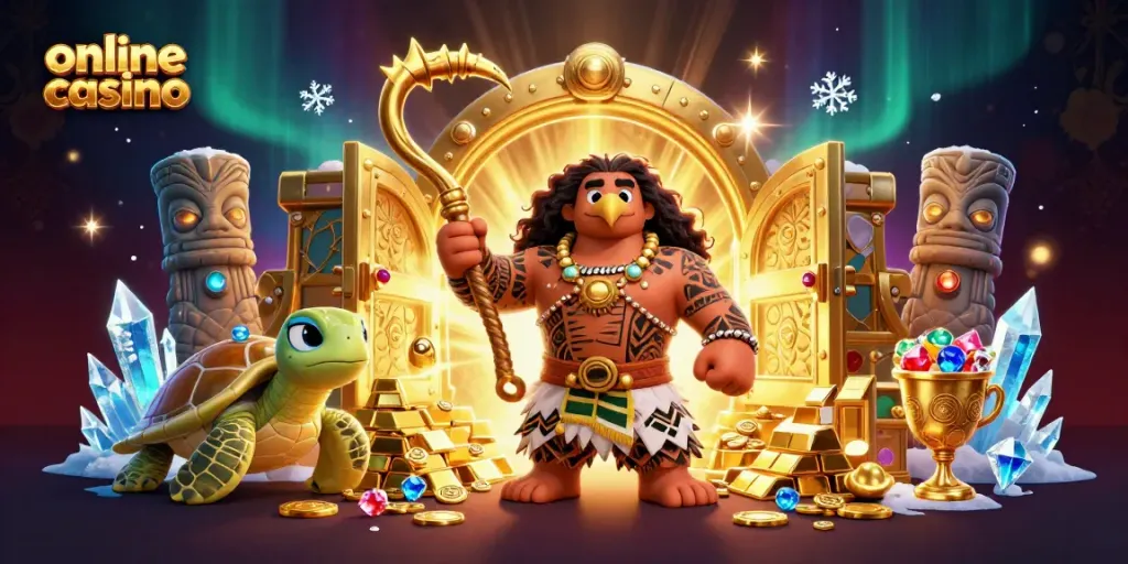 Experience the excitement of an online casino with a colorful 3D illustration featuring a demigod and treasure.