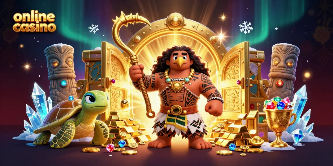 Experience the excitement of an online casino with a colorful 3D illustration featuring a demigod and treasure.