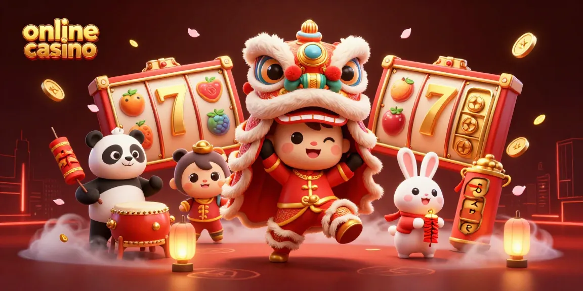 Engage with an exciting online casino scene featuring a lively lion dance, slot games, and festive elements.