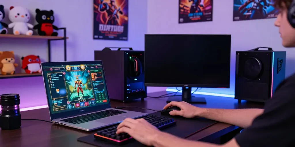 Player engaging with qqmacan online slots in a high-tech gaming setup with vibrant ambient lighting.