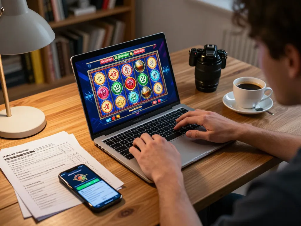 Engaging in online slot gaming with aman788 slot gacor on a laptop, showcasing a modern and responsible gambling atmosphere.