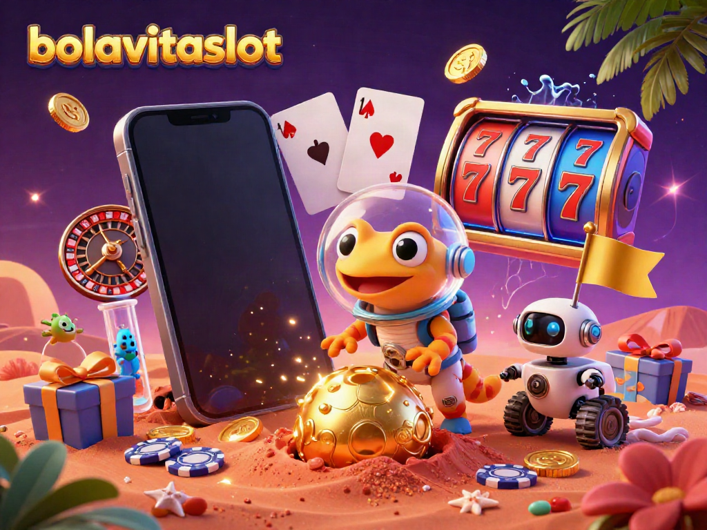 Experience thrilling wins with bolavitaslot in this vibrant alien casino scene filled with slot reels and gold coins.