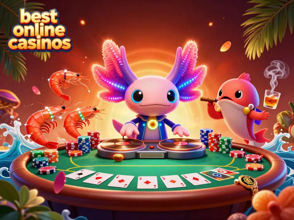 Best online casinos illustrated with a vibrant 3D underwater party scene featuring a DJ axolotl and poker elements.