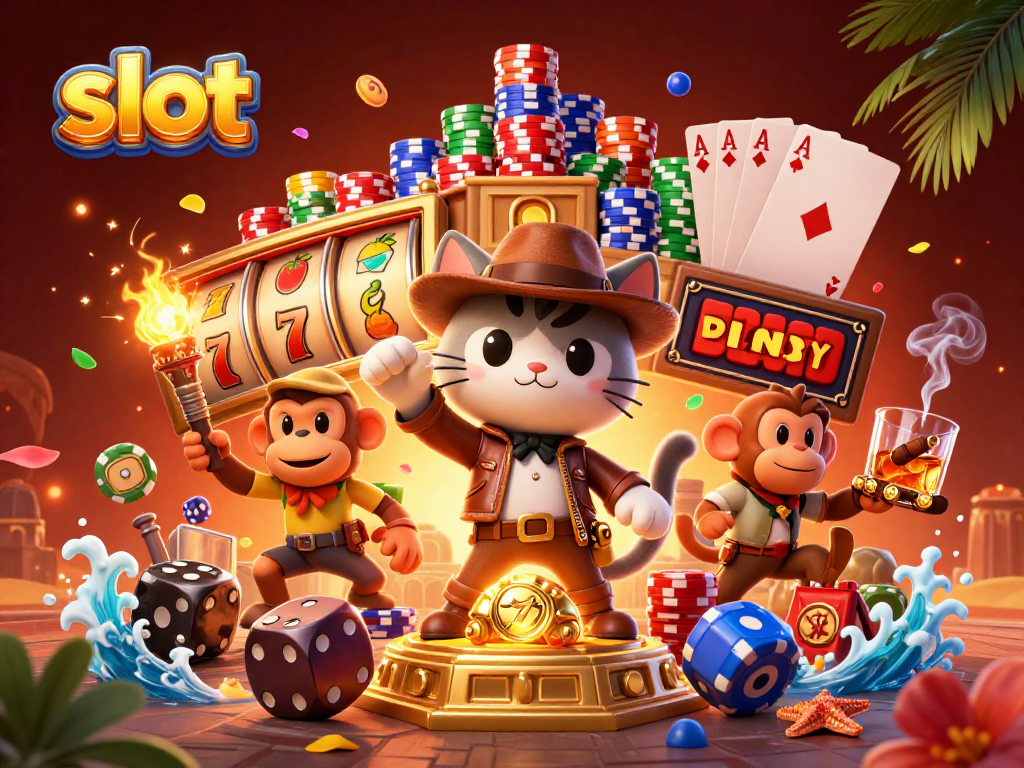 Spin exciting slot reels while a cartoon cat explorer discovers golden artifacts.