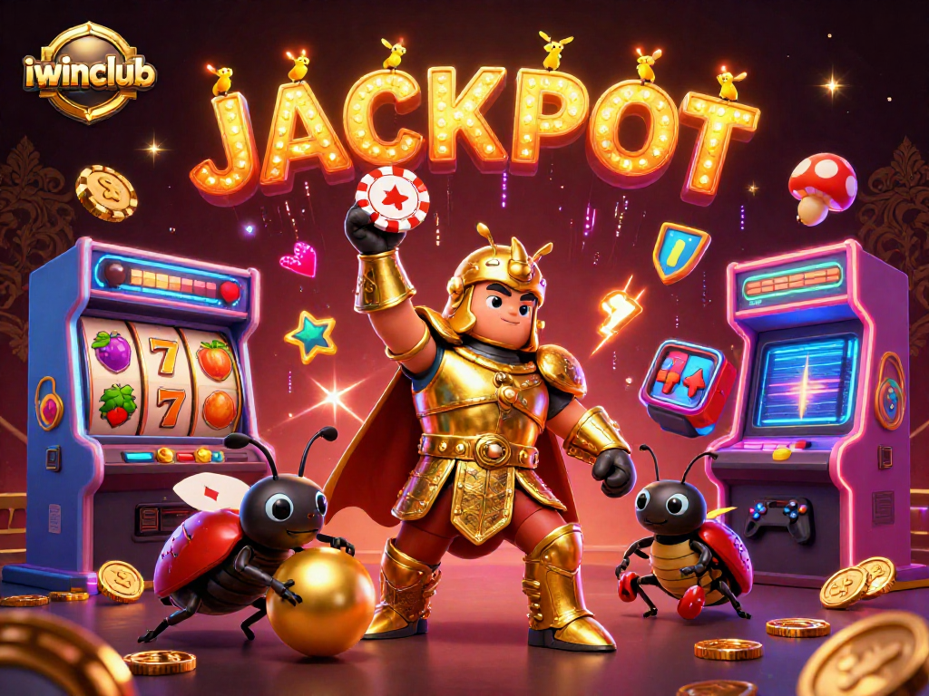 Experience the excitement of iwinclub with a victorious beetle lifting a poker chip amidst rich casino visuals.