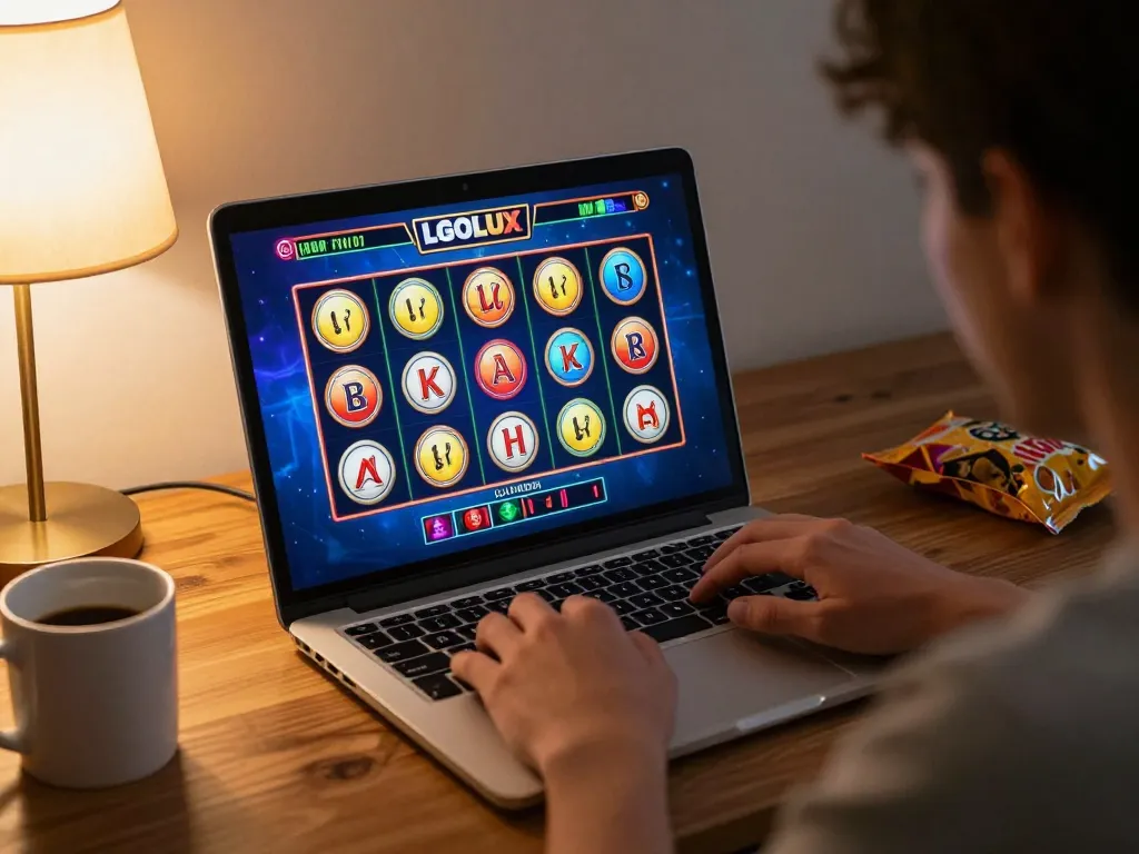 Player spinning the reels on LGOLUX online slot interface at home, excited atmosphere and cozy setting.