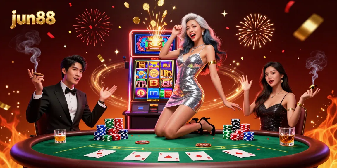 Experience exciting wins at jun88 with a celebratory scene featuring a joyful woman at a jackpot!