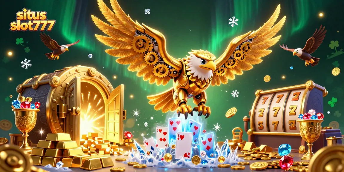 Experience thrilling adventures at situs slot777 with a dynamic illustration of a cybernetic eagle amidst dazzling casino elements.
