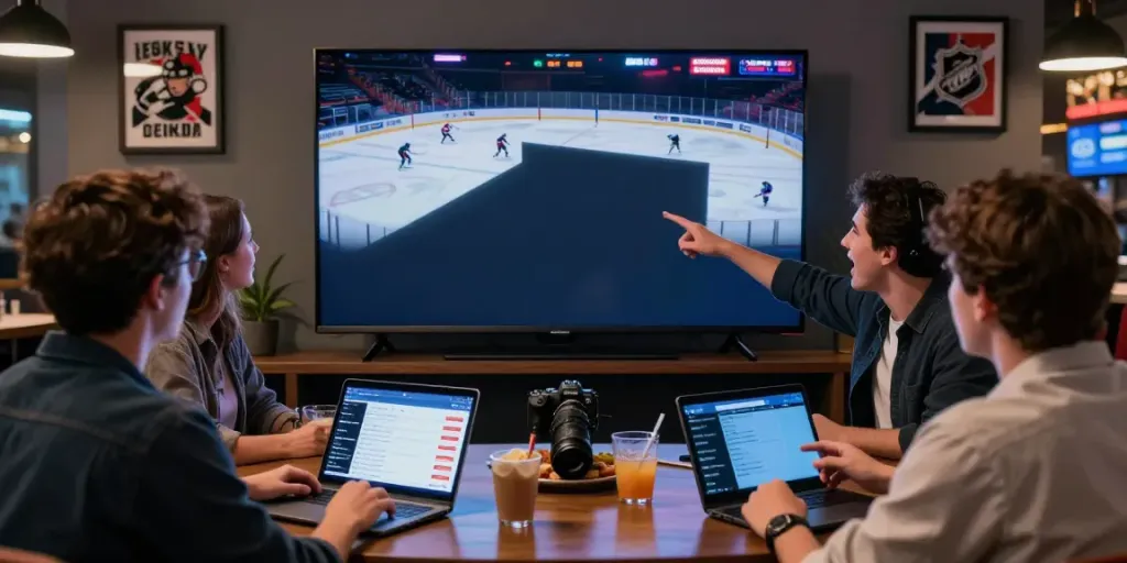 Exciting ice hockey betting scene at www.statymuzona.lt with friends watching NHL game.