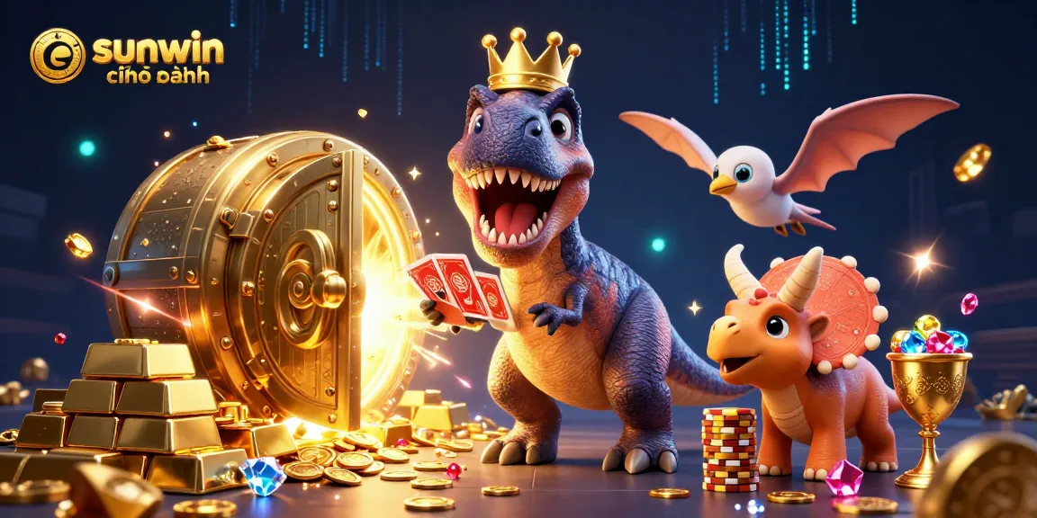 Experience thrill with sunwin chính hãng featuring 3D T-Rex shuffling cards amidst gold treasures.