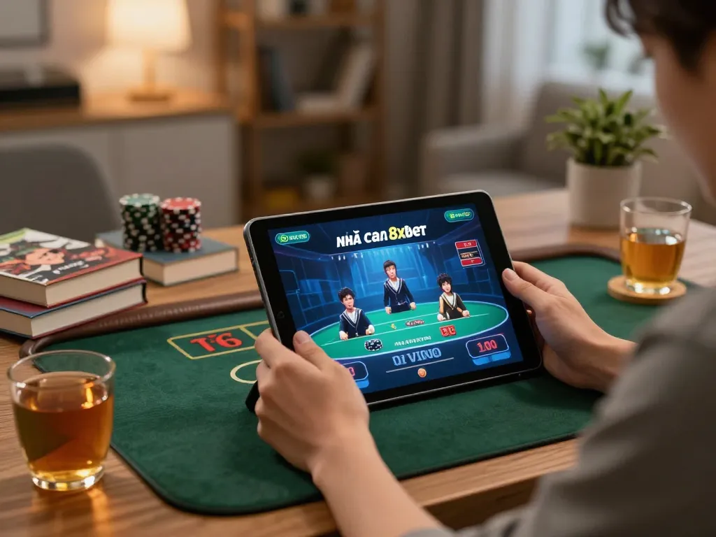 Engaged player utilizing nhà cái 8xbet on a tablet, showcasing strategic gameplay in a cozy home setting.