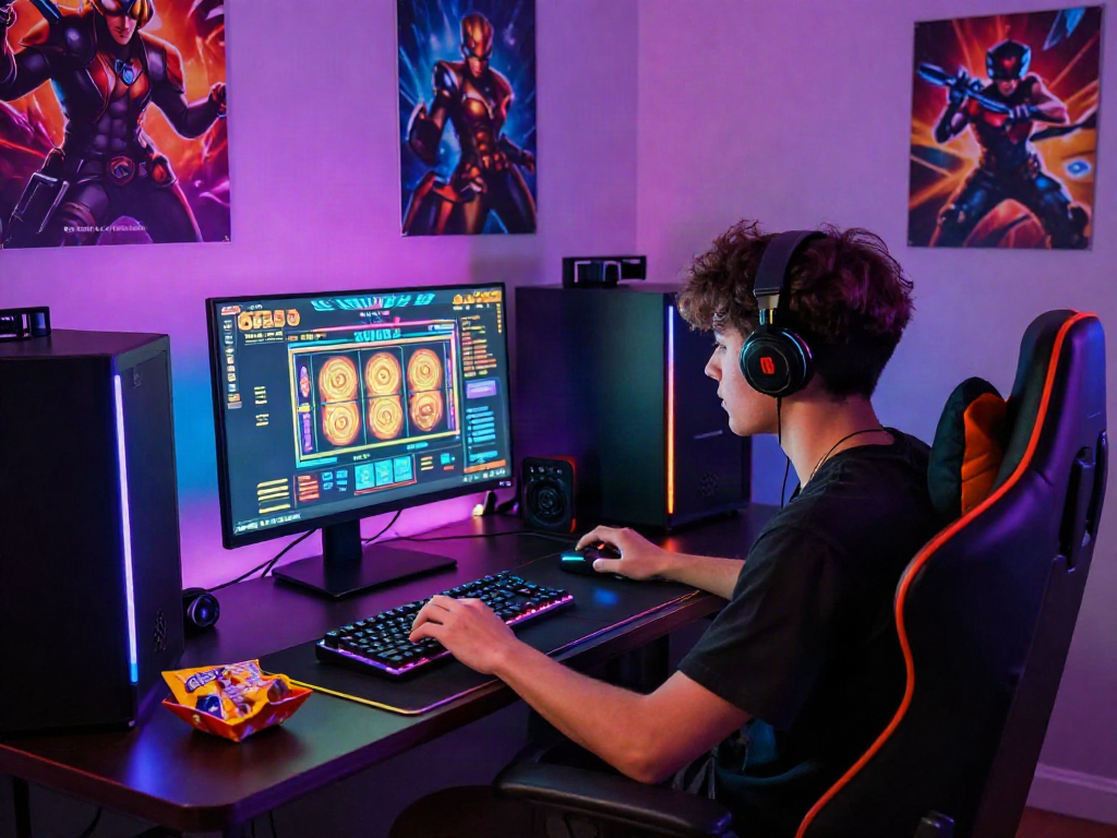 Engaged gamer experiencing the excitement of toto slot gaming in a vibrant setup.