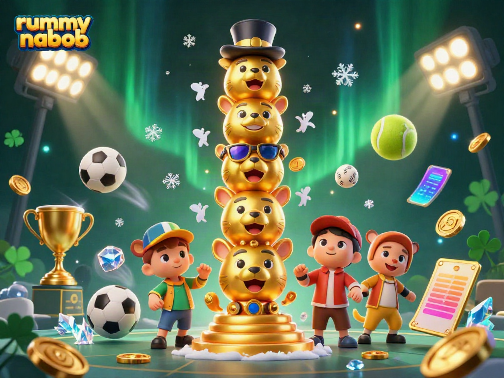 Permainan rummy nabob yang seru dengan elemen kasino, bola, dan harta karun yang dinamis.