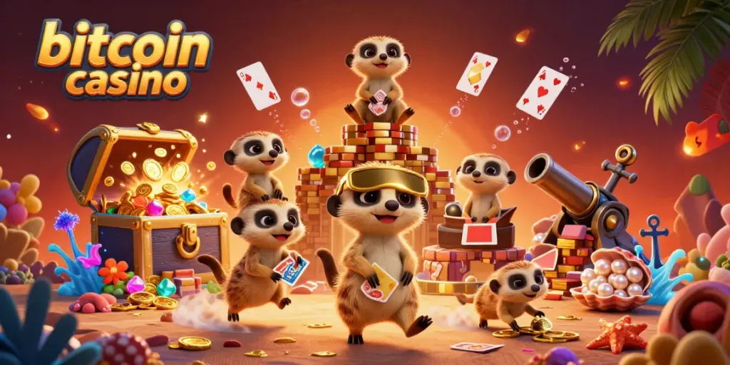 Experience an exciting bitcoin casino with meerkats in a vibrant fantasy casino scene.