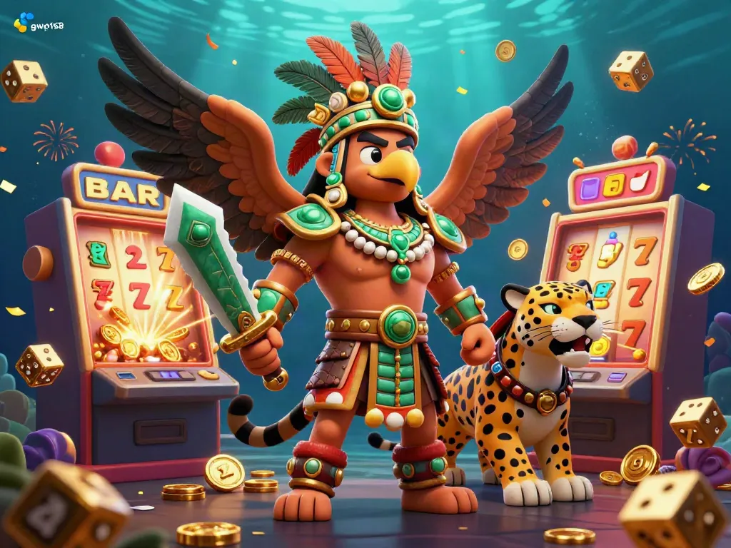 Mengakses permainan seru di gwp168 dengan simbol slot dan jackpot berkilauan.