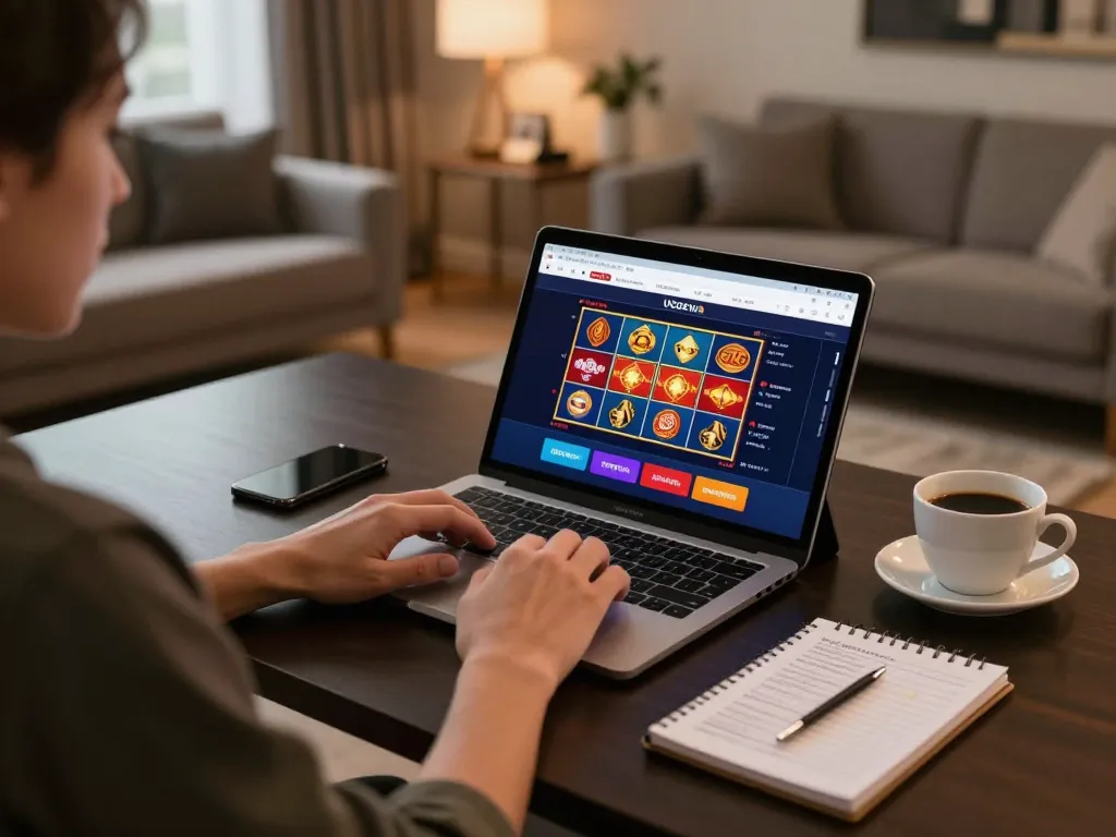 Player enjoying UGDEWA slots on tablet, showcasing a modern home gaming setup.