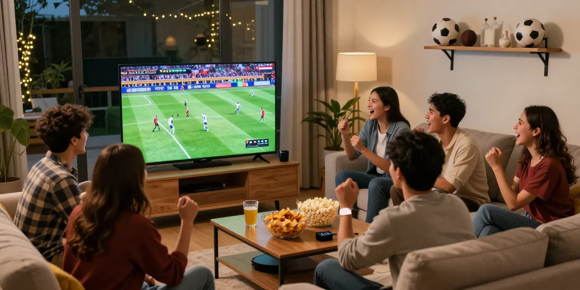 Watching a live sports game بث مباشر with friends in a cozy home setting, capturing excitement and atmosphere.