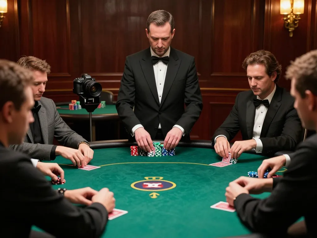 IWIN68 CLUB poker tournament showcasing players in strategic gameplay at an upscale casino table, tension and excitement evident.
