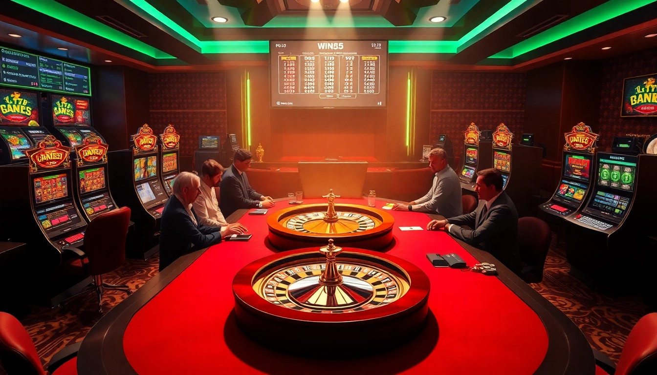 Experience thrilling gameplay at win55 com with vibrant casino visuals featuring poker and slot games.