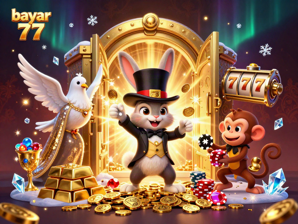Experience the magic of bayar 77 with a dazzling scene of a magician, a dove, and a monkey surrounded by treasure and casino elements.