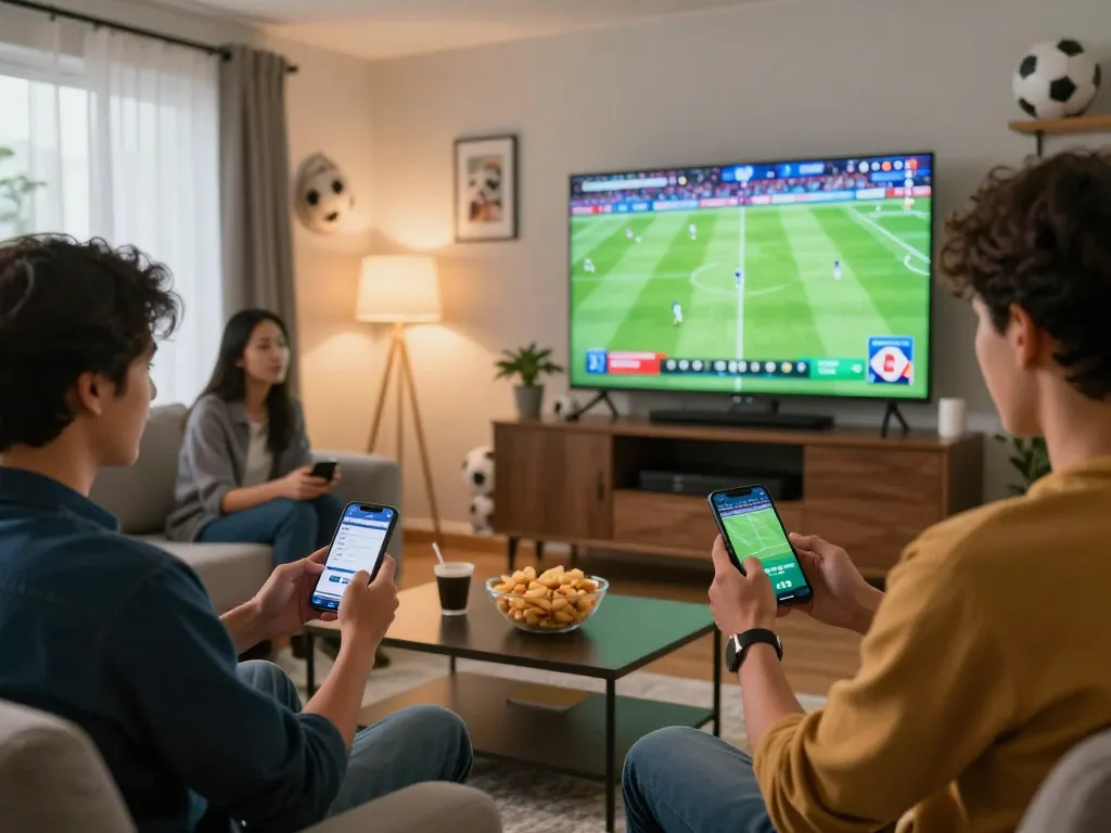 Engaged sports bettors analyze kèo bóng đá hôm nay using smartphone and multiple screens during a thrilling match.