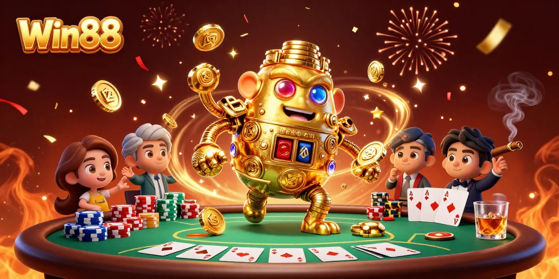 Experience thrills with Win88 at a vibrant 3D casino scene showcasing poker excitement.