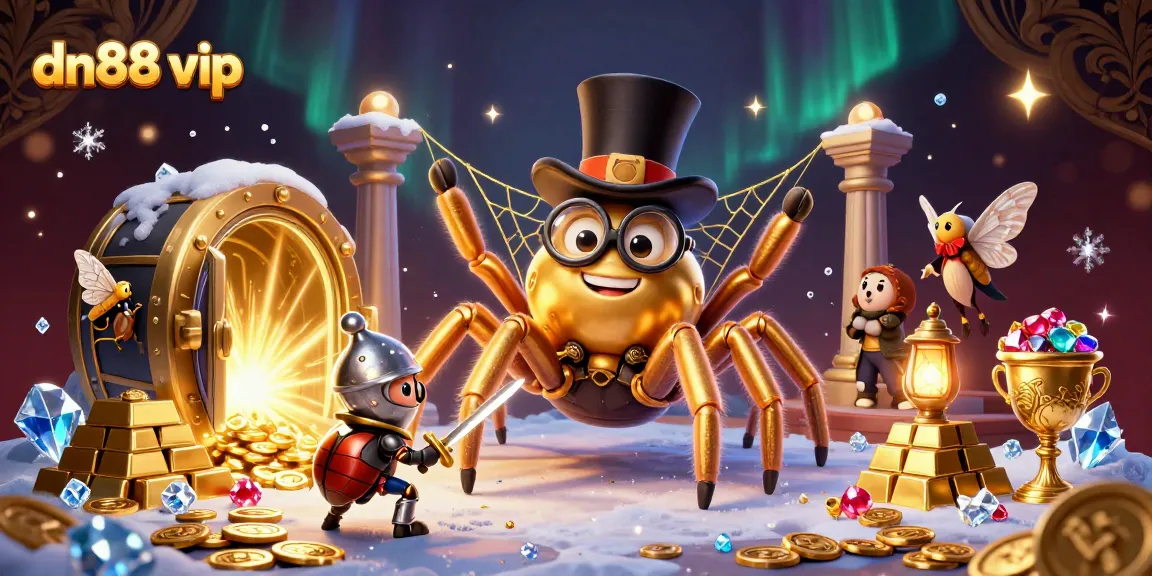 dive into winnings with dn88 vip, as a playful beetle knight approaches a dazzling treasure vault surrounded by casino elements