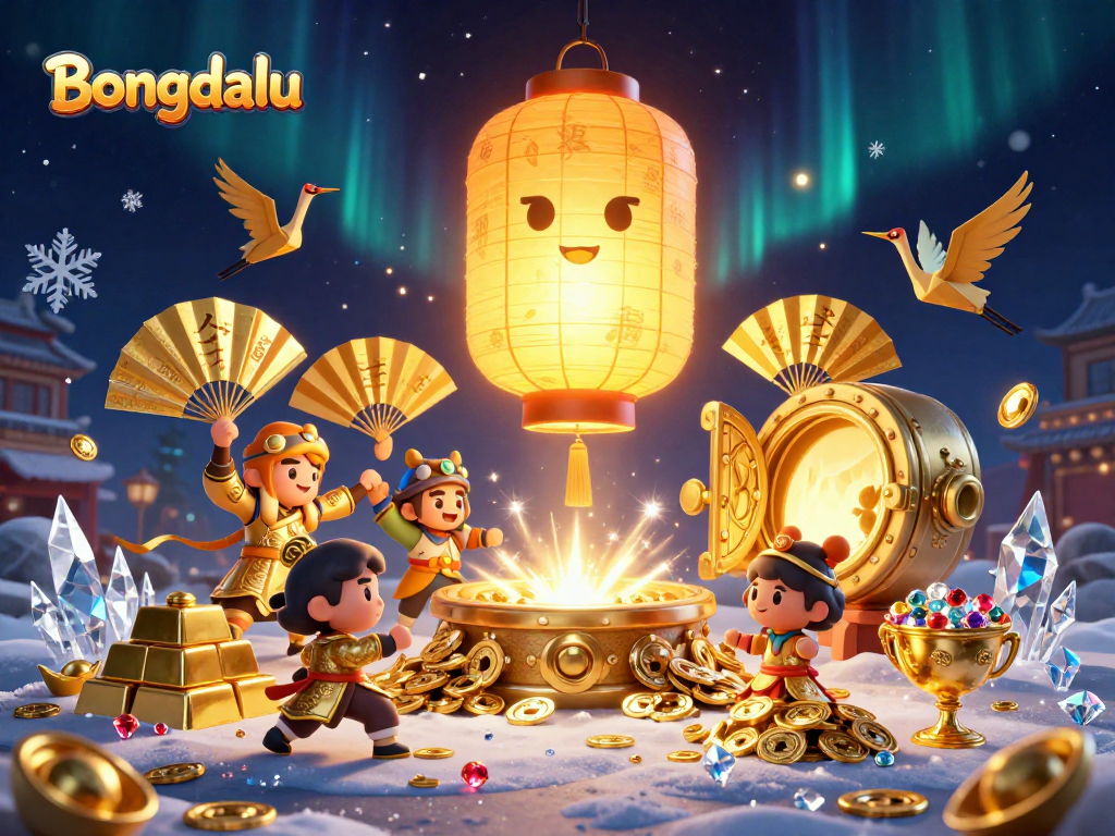Bets and wins at Bongdalu casino with golden symbols and treasures in a fantasy illustration.