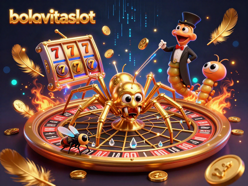 Engaging bolavitaslot scene with a golden spider spinning a roulette wheel web and a centipede croupier.