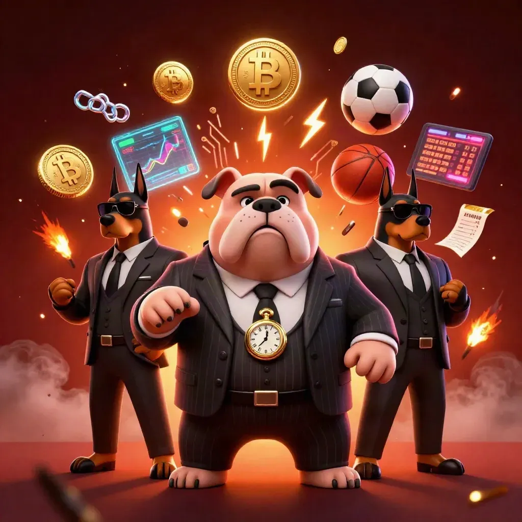 Cartoon bulldog mob boss with Dobermans amid coins, balls, and ember-lit casino glow