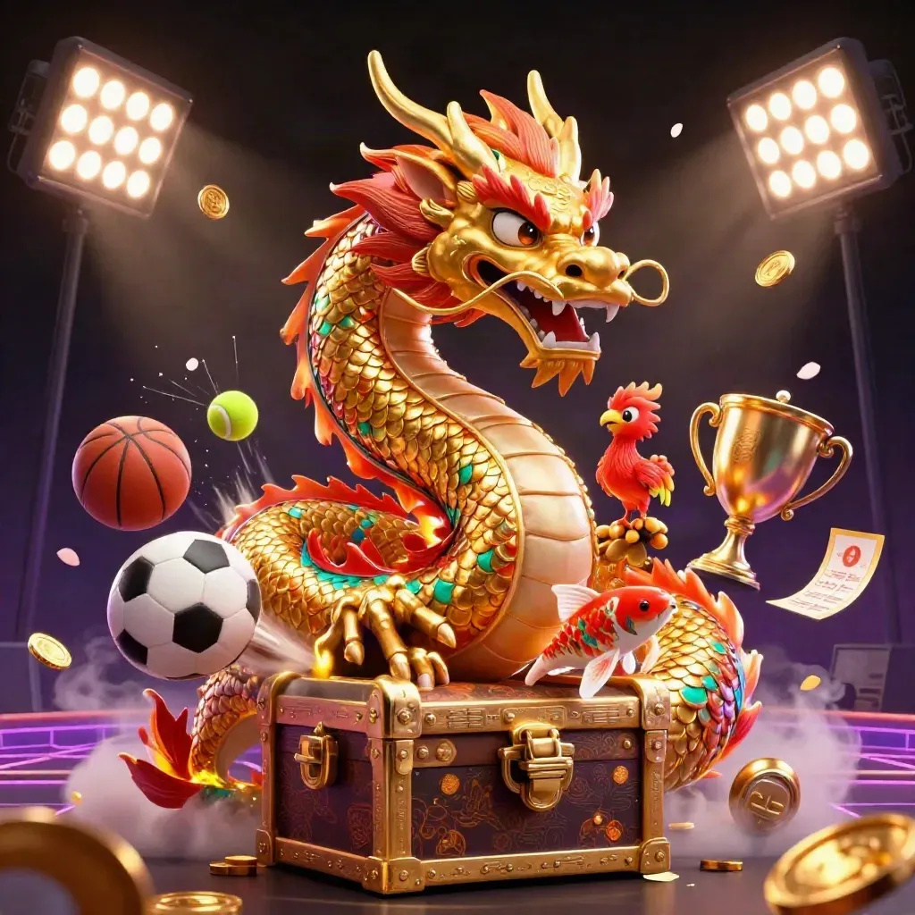 Golden dragon with phoenix and koi amid flying sports balls, coins, fog, and stadium lights.