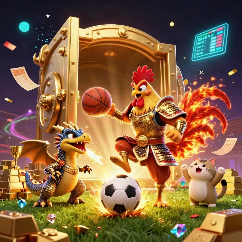 Samurai rooster, spark-breathing hatchling, and fortune-cat amid casino gold and flying sports balls.