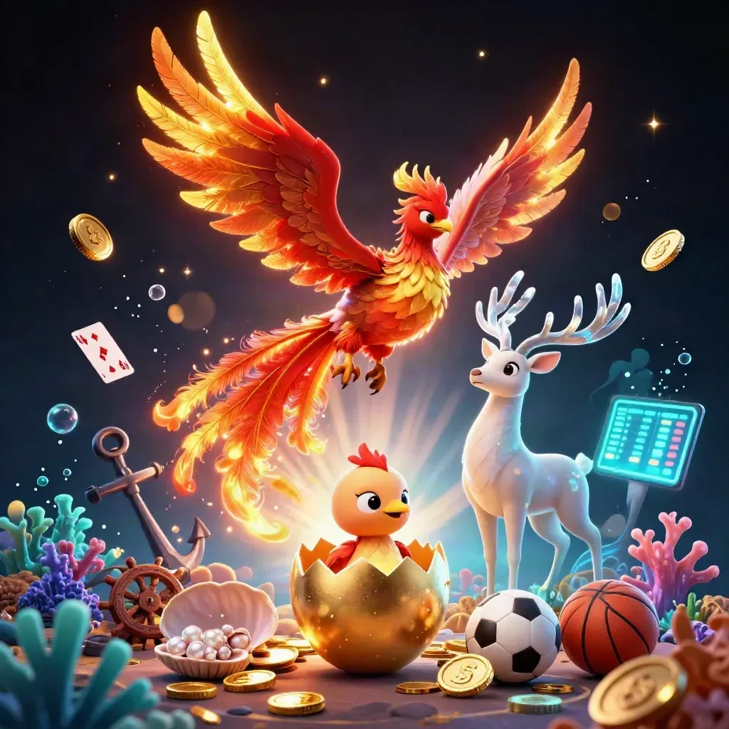 Phoenix, baby phoenix, and crystal stag amid treasure, coins, cards, and sports gear