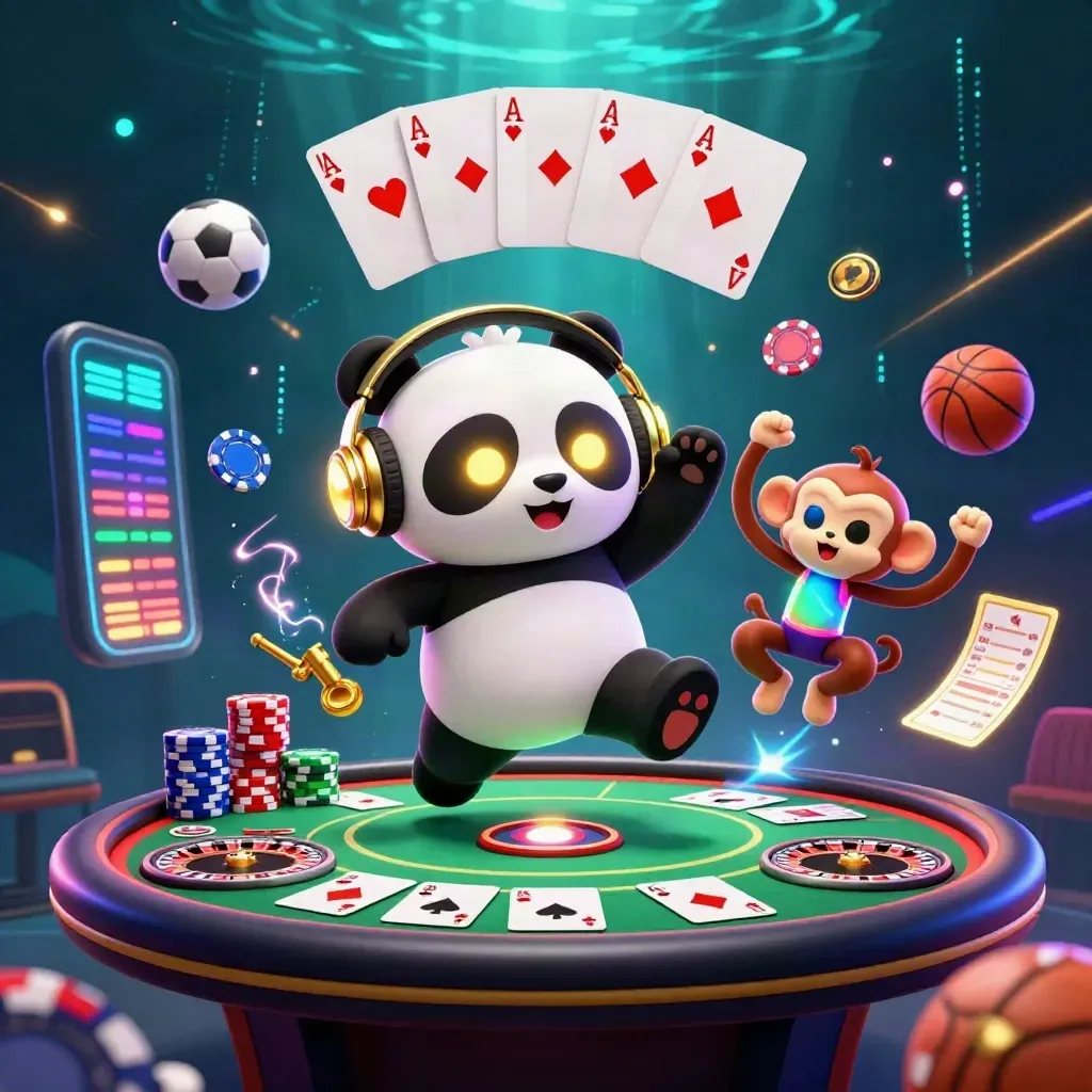 Cartoon panda DJ, dancing monkey, and glow-stick kitten amid poker chips, balls, and neon casino lights.
