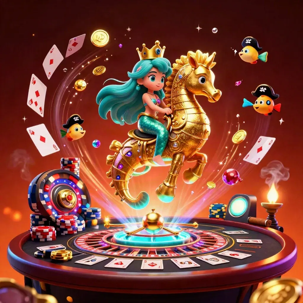Mermaid princess on a golden seahorse amid casino magic, coins, chips, roulette and gems.