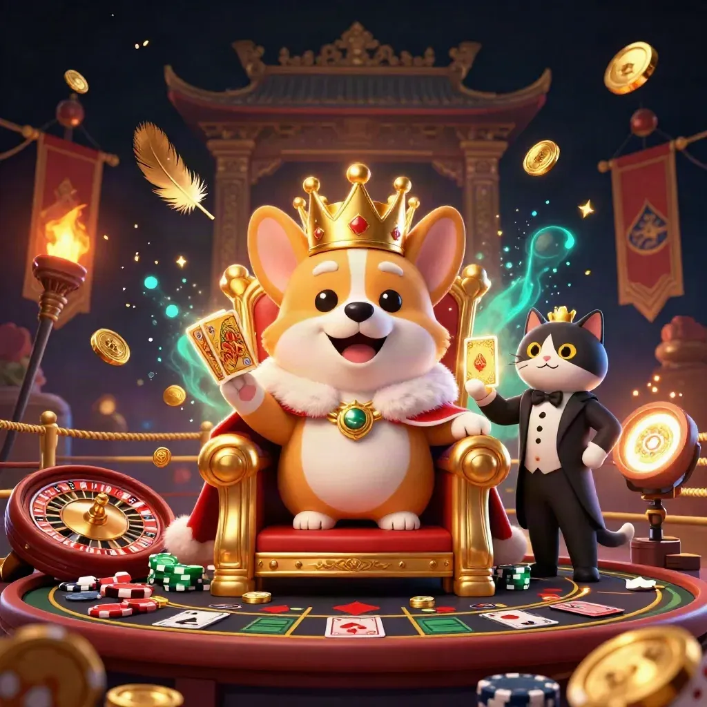 Corgi king and cat butler amid chips, gold, roulette, temple gate, and neon casino light