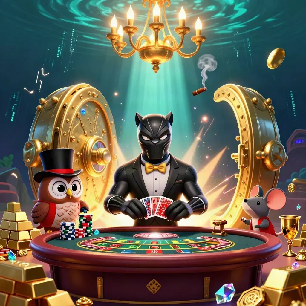 Panther dealer, owl and mouse amid vault light, jewels, gold bars, neon casino glow.