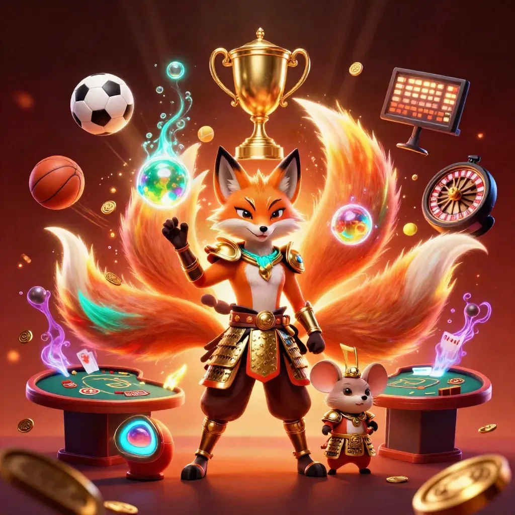 Fox spirit and golden mouse amid casino lights, balls, trophy, coins, roulette spin