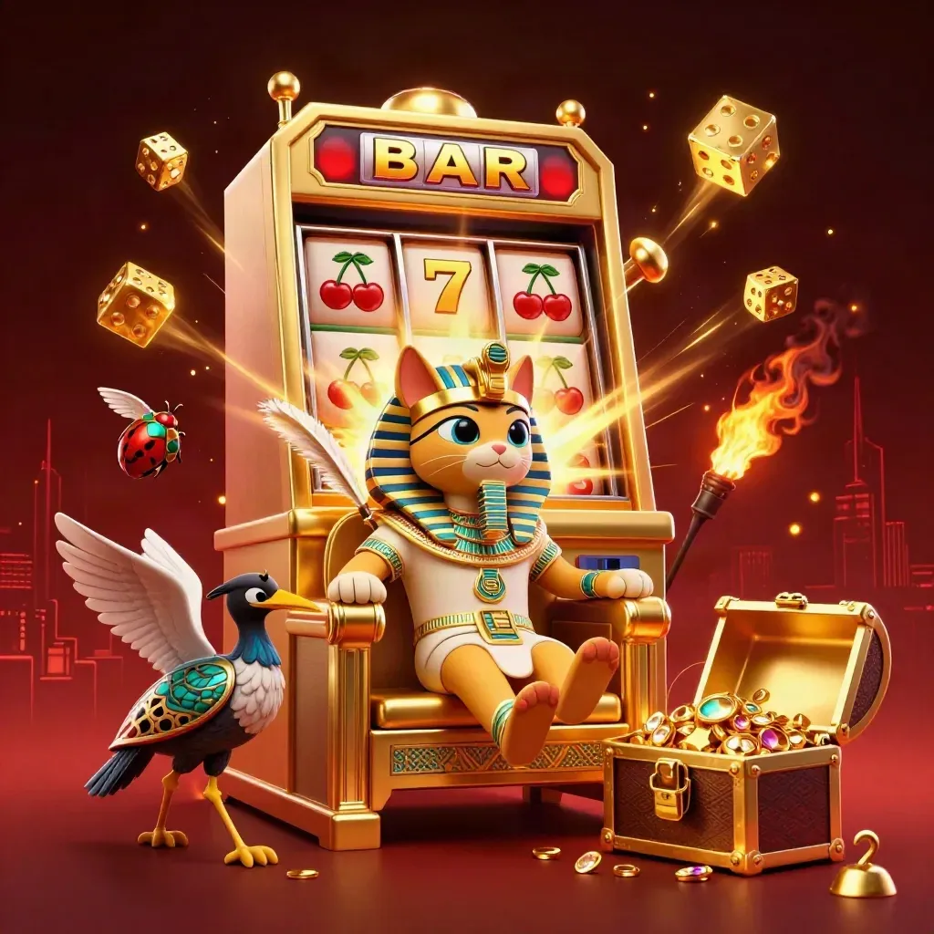 Pharaoh cat on throne with ibis scribe and gem-winged scarabs amid jackpot burst