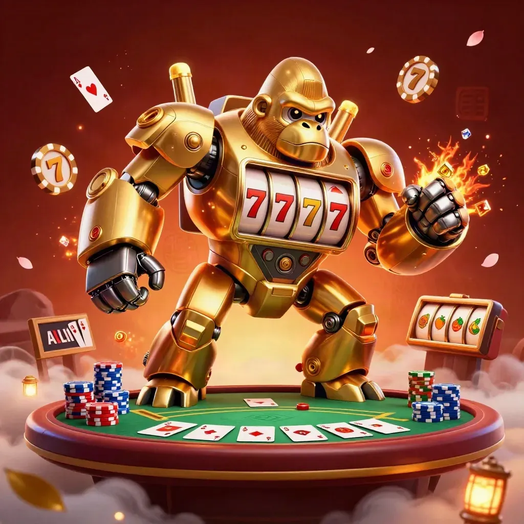 Golden gorilla slot-mech with tiny monkey pilot, poker chips, aces, and neon jackpot effects