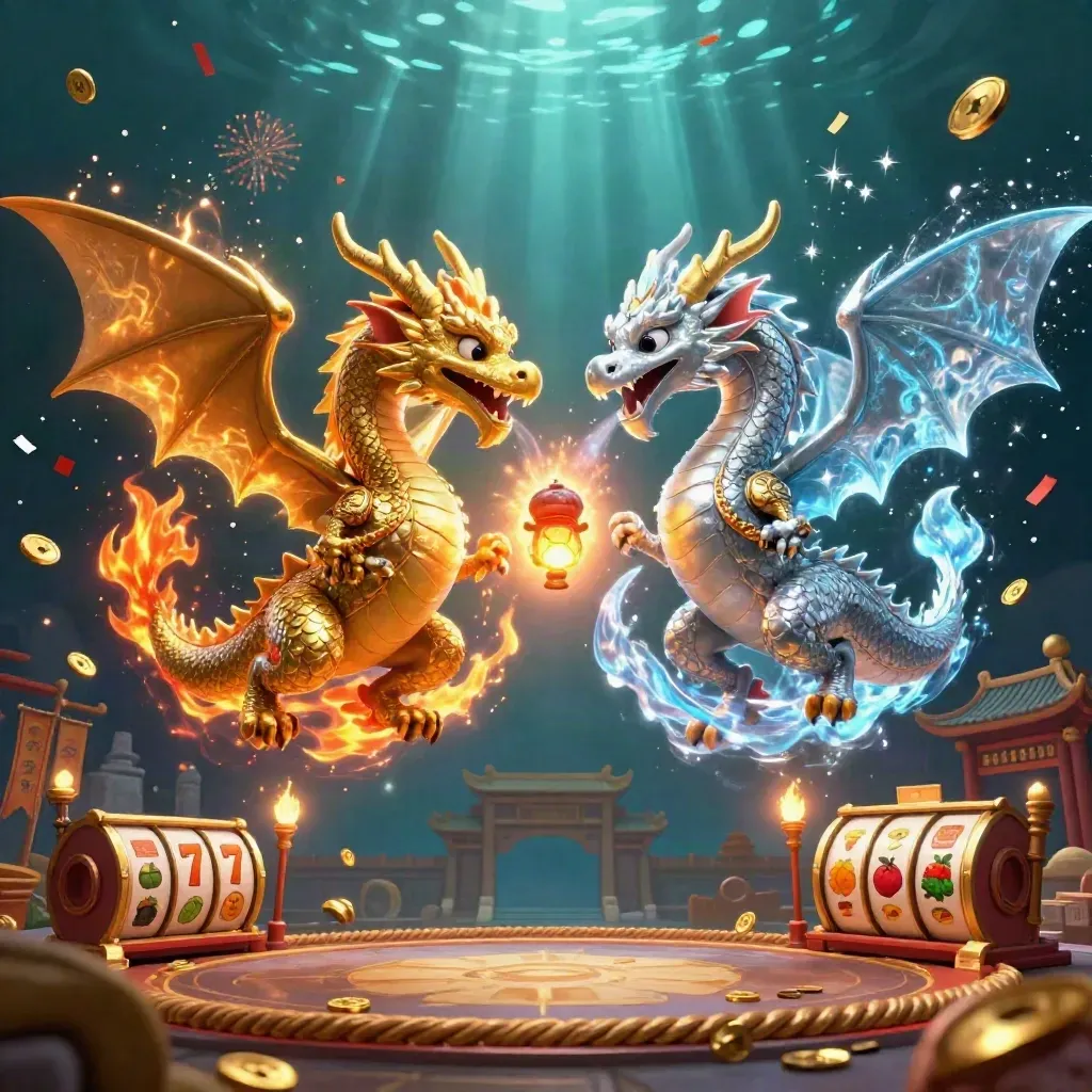 Twin dragons in fire-and-ice yin-yang over a temple gate, coins, reels, and neon casino magic.
