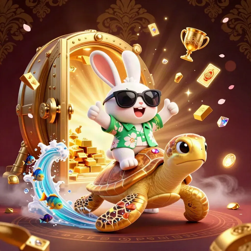 Lucky rabbit rides a gem turtle as a treasure vault erupts with gold, gems, and casino glow.
