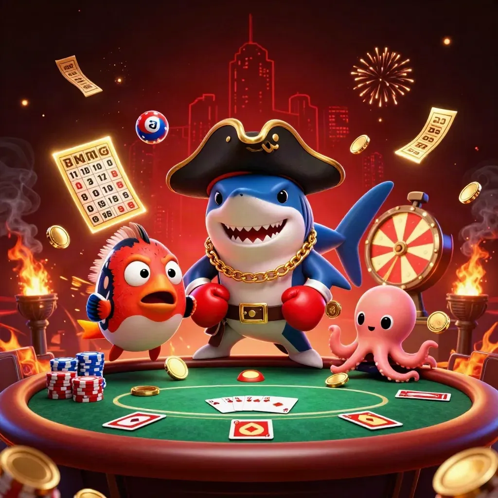 Pirate shark, boxing pufferfish, and juggling octopus amid casino jackpots and poker gear
