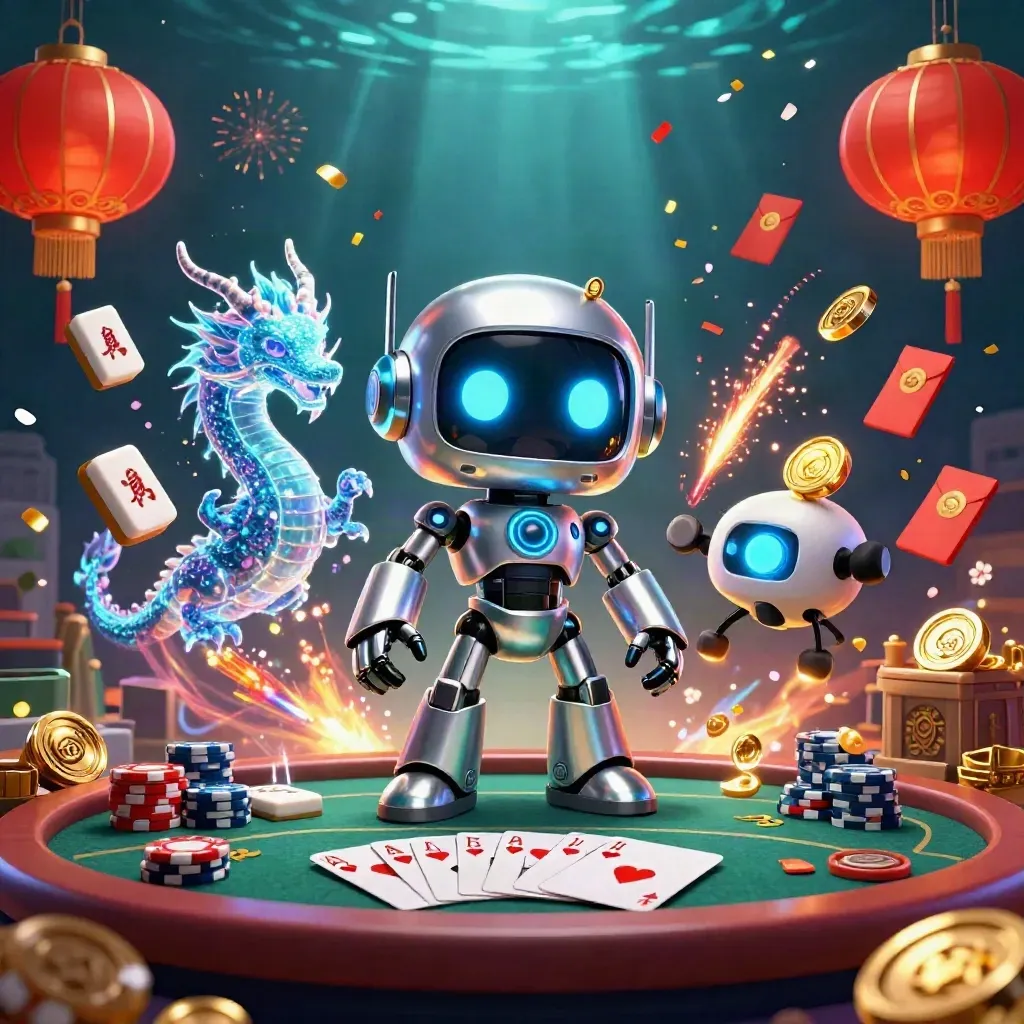 Cyberpunk robot, holographic dragon, coin drone above poker table amid jackpot coins and fireworks
